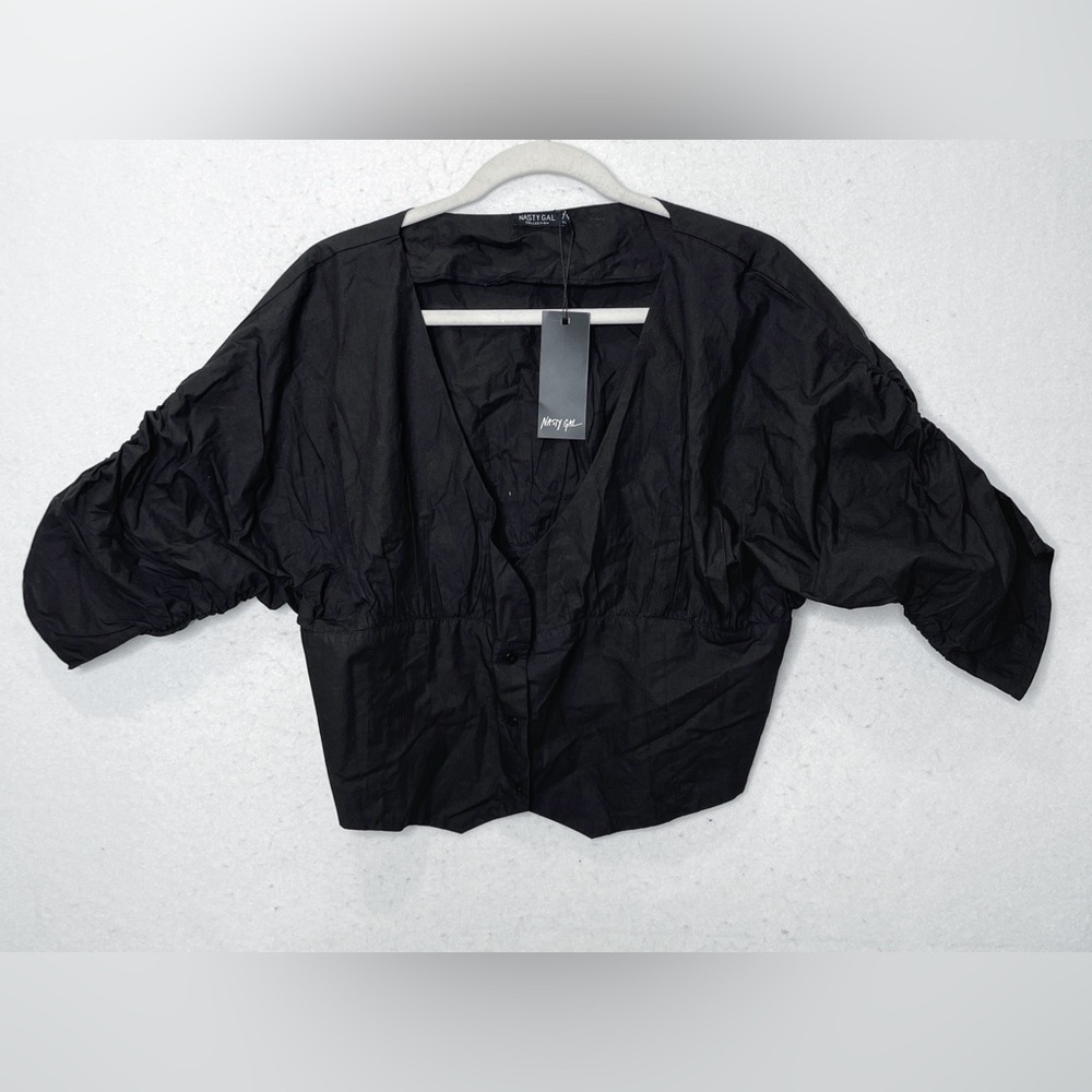 Nasty Gal Puff Sleeve Button Front Double Breasted Cotton Blouse Black Size 8